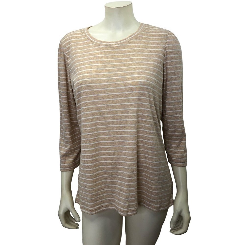 MICHAEL KORS STRIPED 3/4 SLEEVE KNIT TOP LG